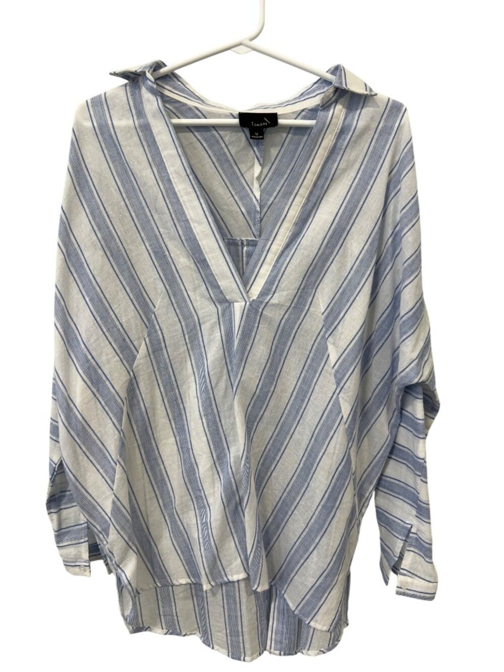 Lumiere Shirt Medium VNeck Striped Button Back White Blue Preppy Coastal Grandma